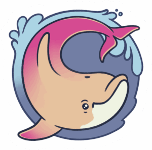 Drawing of a cream and pink coloured dolphin set in a wave in the shape of a circle.