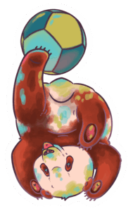 Drawing of a panda cub playing upside down with a ball. The panda is drawn in red and beige instead of black and white and is covered in paint splatters.