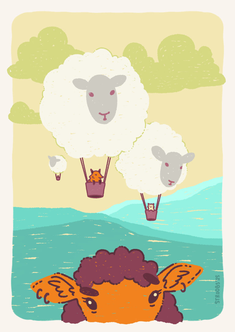 Digital illustration of a sheep close to the viewers eye, with a few sheep-shaped hot air balloons above and in the distance.