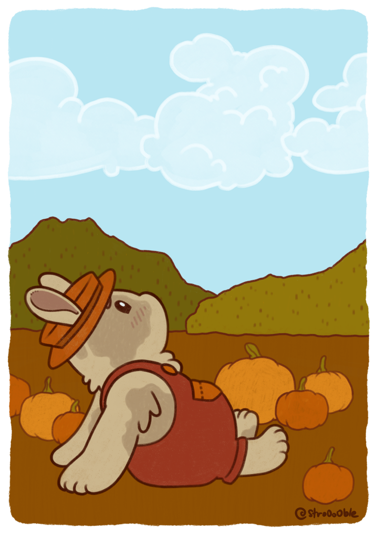 Illustration of a bunny in red overalls and a hat lounging in a field of pumpkins, gazing at the clouds above.